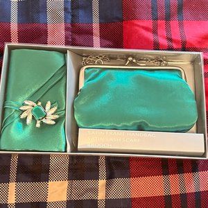 NWT! Green Satin Handbag, Sash Scarf, Brooch Holiday Set